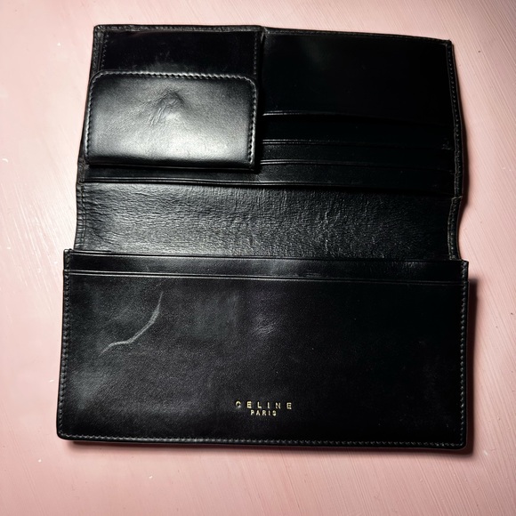 CELINE- Long Bifold Wallet Black and Gold Vintage Leather Coin Card - Picture 12 of 16